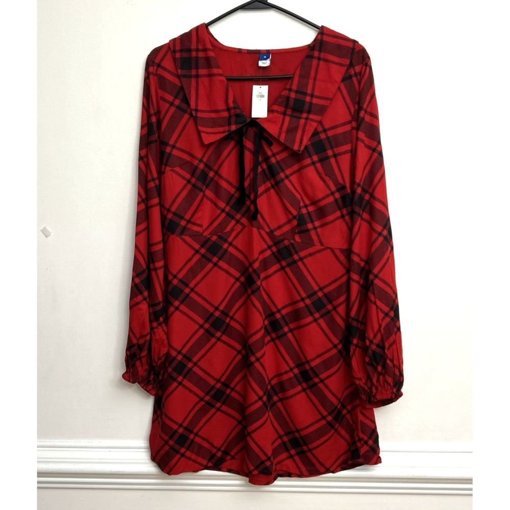 Old Navy Red & Black Plaid Dress Sz M Collar & Bow L/S Elastic Cuff Holiday